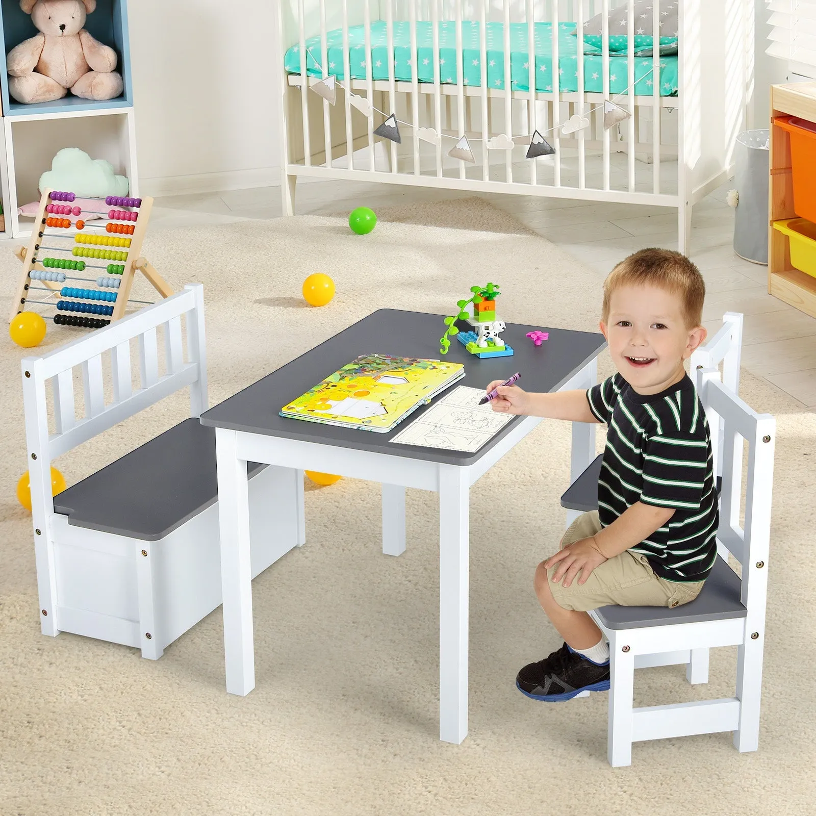 2-In-1 Wooden Toddler Activity Table Set with Toy Storage Bench-Grey