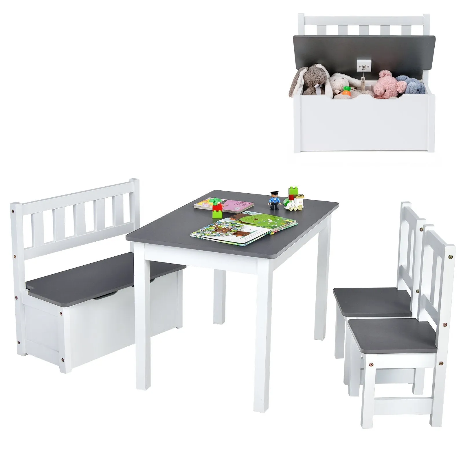 2-In-1 Wooden Toddler Activity Table Set with Toy Storage Bench-Grey