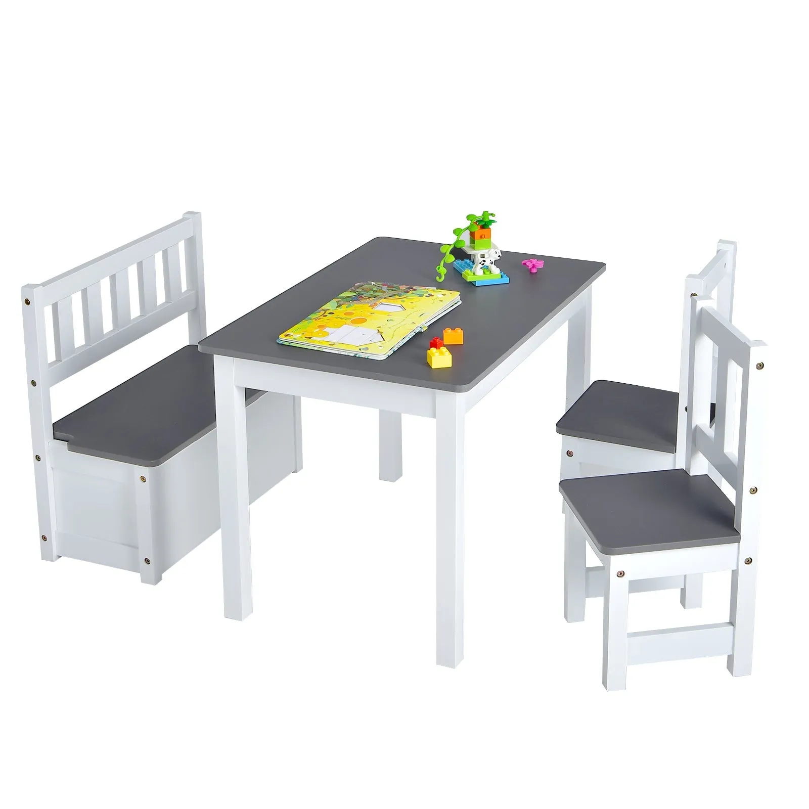 2-In-1 Wooden Toddler Activity Table Set with Toy Storage Bench-Grey