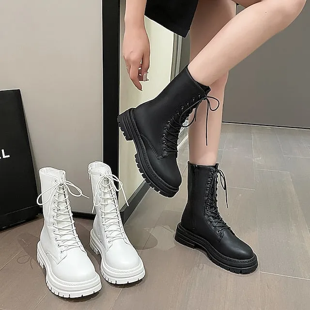 Amozae- Autumn Boots   Women's Boots Martin Boots Plus Size Lace Up Boots Daily Walking Zipper Chunky Heel Round Toe Elegant Casual Comfort Walking Shoes Faux Leather Lace-up Solid Color Black White