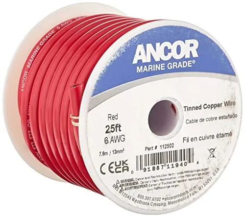 Ancor 112510 Marine Grade Electrical Tinned Copper Battery Cable (6-Gauge, Red, 100-Feet)