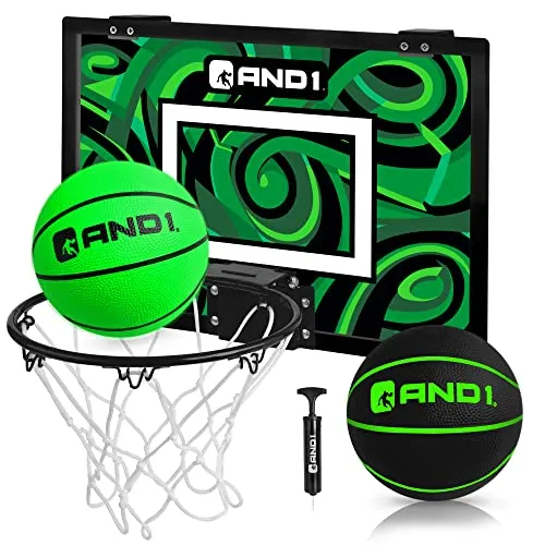 AND1 Over The Door Mini Basketball Hoop: 18x12 Shatterproof Backboard, 2 Mini Basketballs, and Hand Pump Included- Ultimate Indoor Basketball Accessory for Kids and Adults, No Tools Required