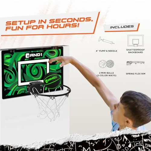 AND1 Over The Door Mini Basketball Hoop: 18x12 Shatterproof Backboard, 2 Mini Basketballs, and Hand Pump Included- Ultimate Indoor Basketball Accessory for Kids and Adults, No Tools Required