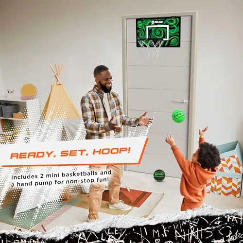 AND1 Over The Door Mini Basketball Hoop: 18x12 Shatterproof Backboard, 2 Mini Basketballs, and Hand Pump Included- Ultimate Indoor Basketball Accessory for Kids and Adults, No Tools Required