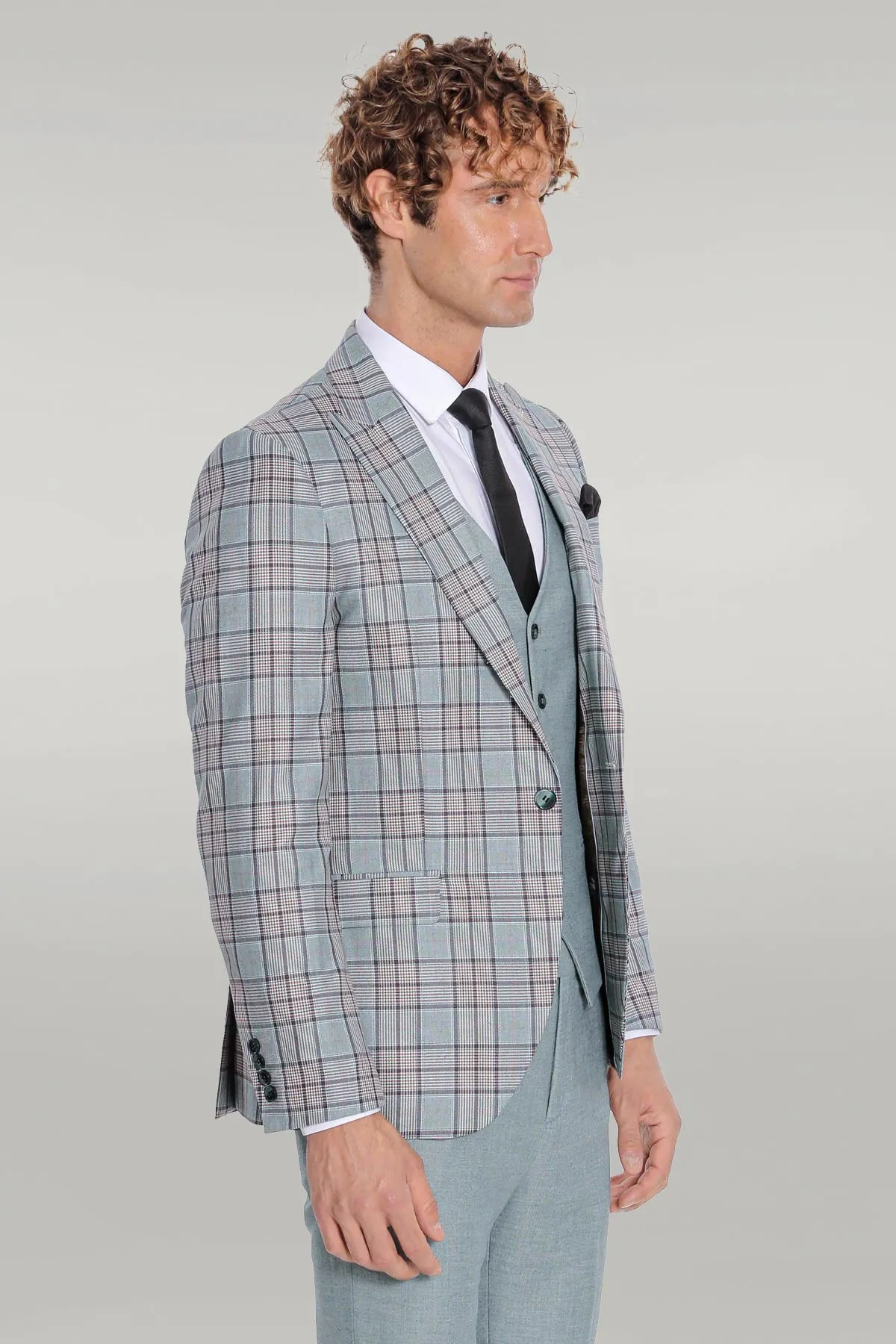 Checked Slim Fit Light Green Men Suit - Wessi