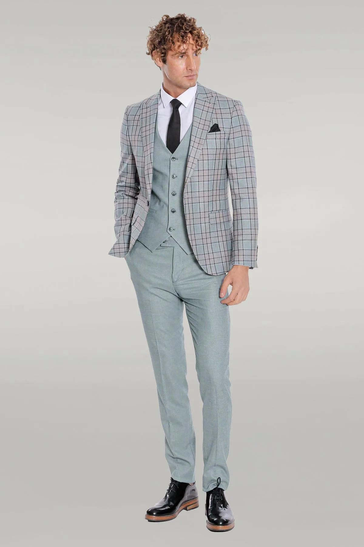 Checked Slim Fit Light Green Men Suit - Wessi