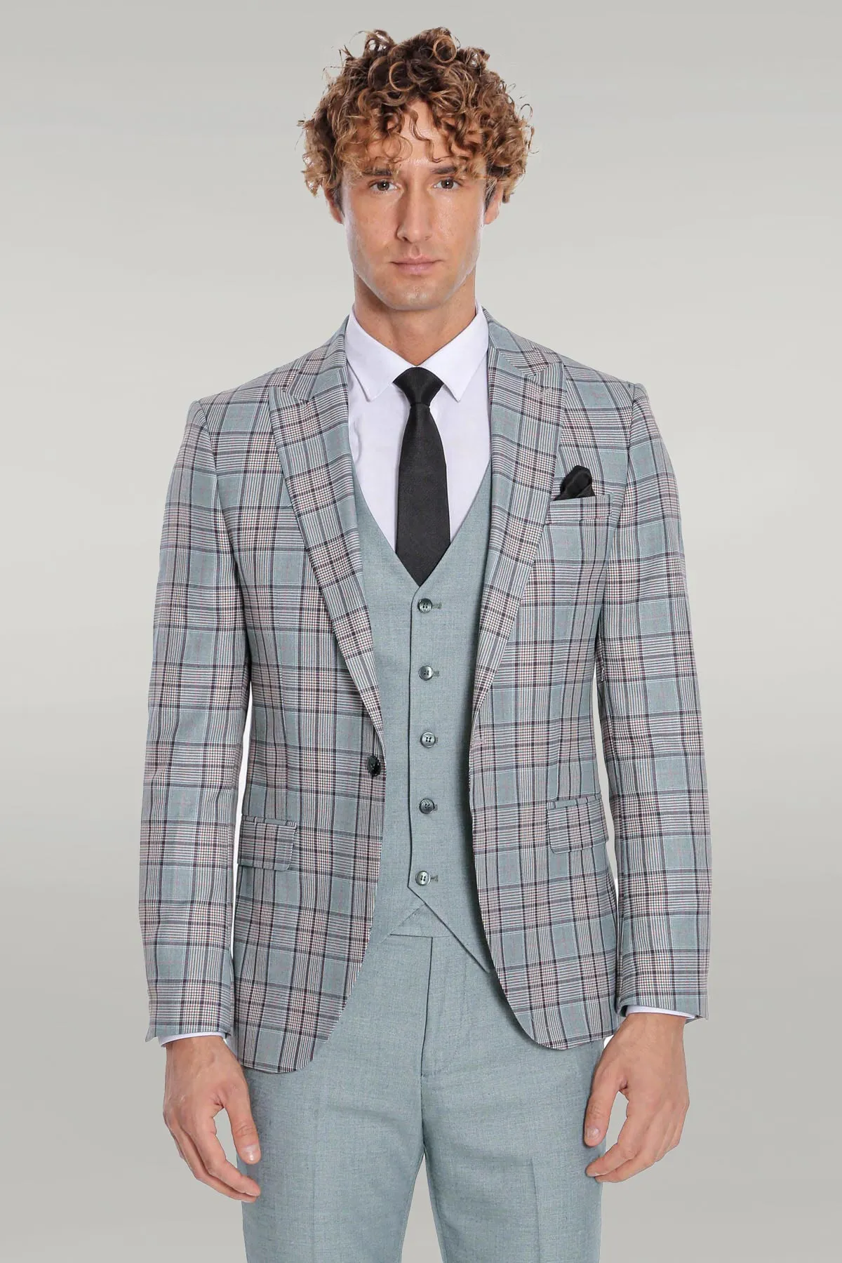 Checked Slim Fit Light Green Men Suit - Wessi