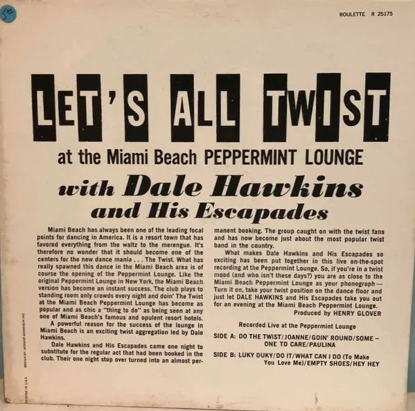 Dale Hawkins & His Escapades - Let's All Twist At The Miami Beach Peppermint Lounge (LP, Album, Mono) (VG )