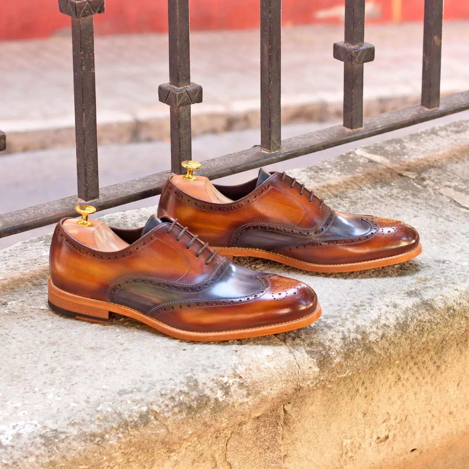 DapperFam Aeron in Cognac / Grey Men's Hand-Painted Patina Full Brogue