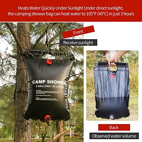 DkOvn 1/2/4 Pack Solar Shower Bag, 5 Gallons/20L Camping Shower Bag, Portable Shower Bag with Removable Hose and On-Off Switchable Shower Head for Camping Beach Swimming Outdoor Traveling(2 Pack)