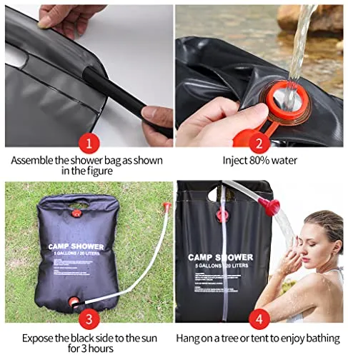 DkOvn 1/2/4 Pack Solar Shower Bag, 5 Gallons/20L Camping Shower Bag, Portable Shower Bag with Removable Hose and On-Off Switchable Shower Head for Camping Beach Swimming Outdoor Traveling(2 Pack)