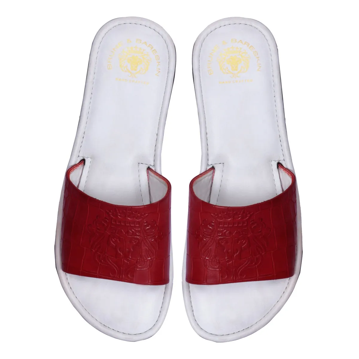 Dual Color Deep Cut Croco Print Red/White Leather Slide-In-Slippers For Ladies by Brune & Bareskin