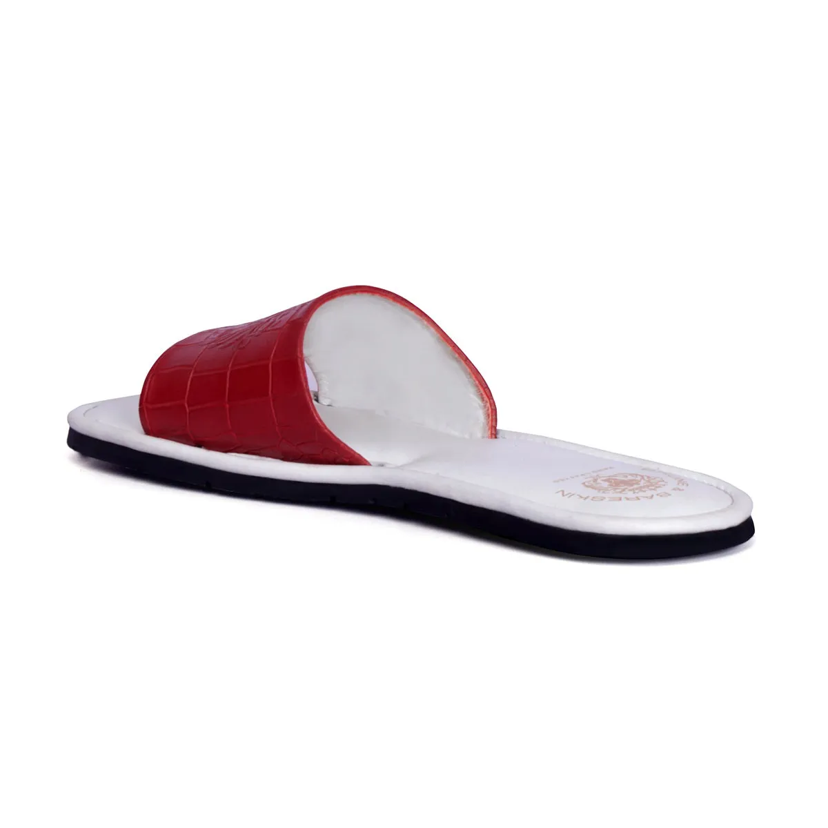 Dual Color Deep Cut Croco Print Red/White Leather Slide-In-Slippers For Ladies by Brune & Bareskin