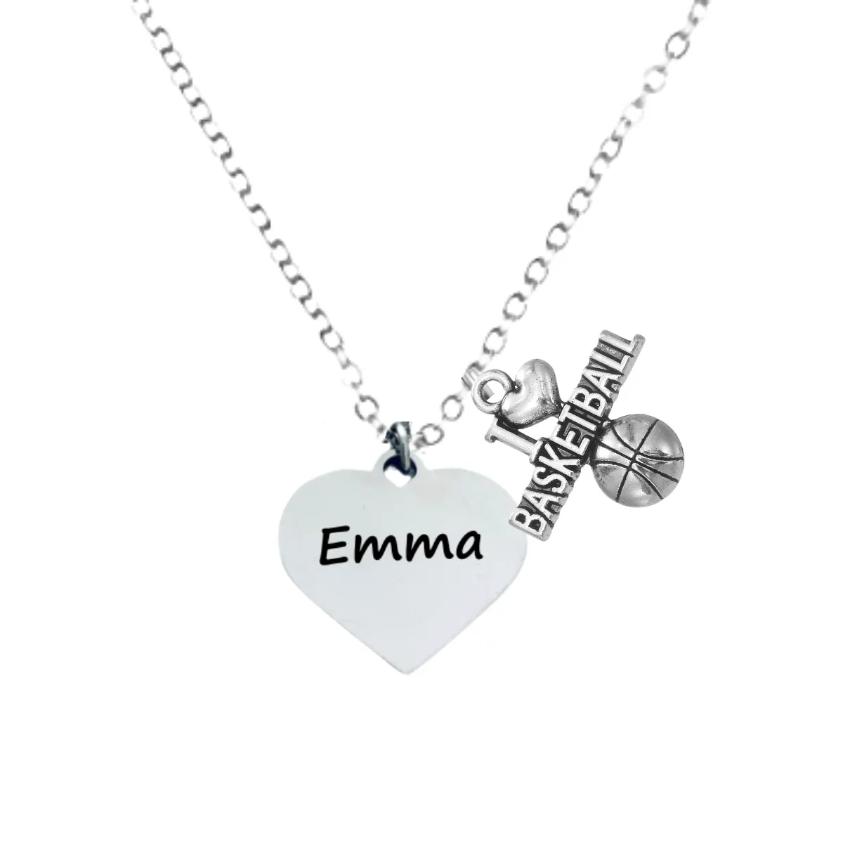 Engraved Basketball Heart Name Necklace