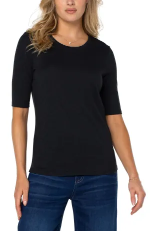 Half Sleeve Crew Neck Slub Knit Tee - Black