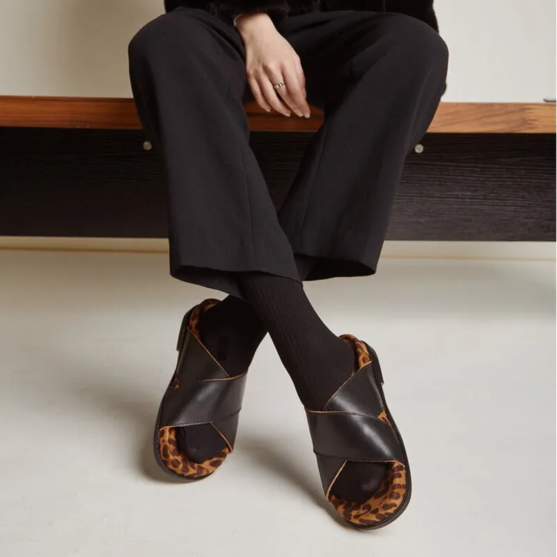 Handmade Leather Summer Slippers in Brown/Black