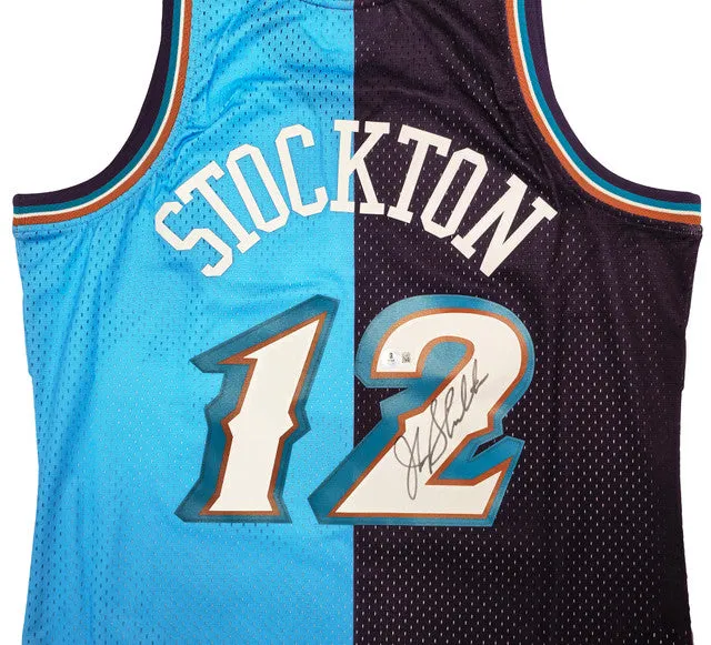 John Stockton Signed Utah Jazz 1996-97 M&N HWC Swingman Split Jersey BAS