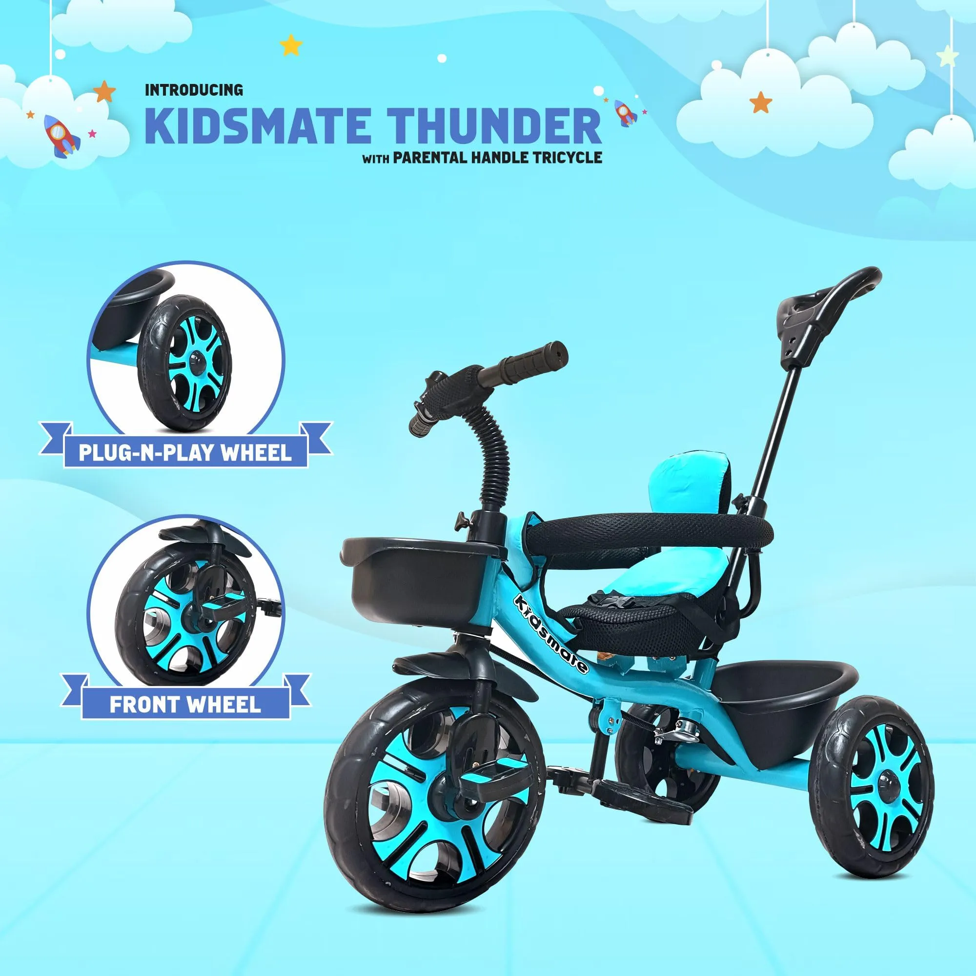 Kidsmate Thunder Plug N Play Kids/Baby Tricycle with Safety Guard Rail and Parental Control | Storage Basket | Fabric Cushion Seat & Bell for 12 Months to 48 Months Boys/Girls (Blue)