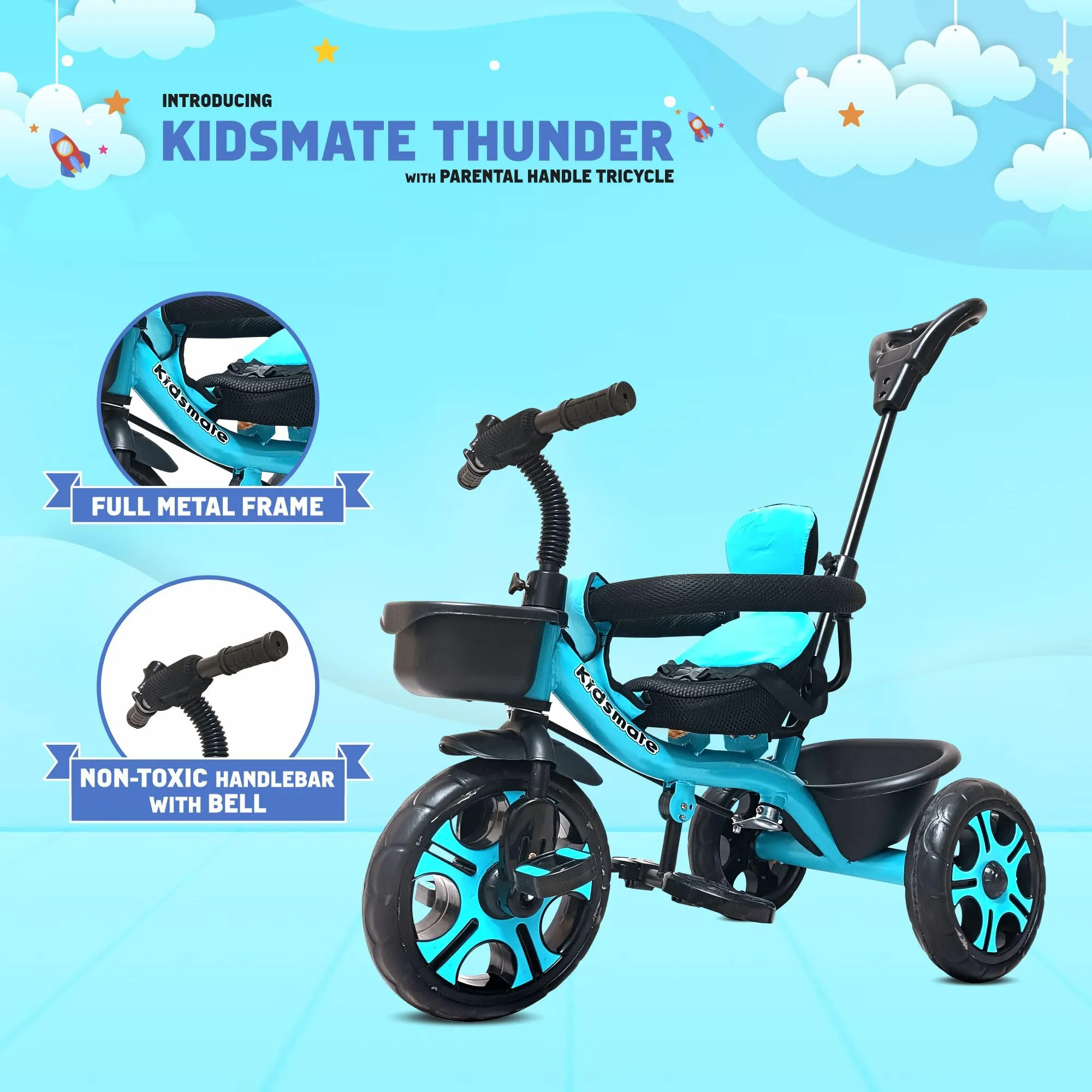 Kidsmate Thunder Plug N Play Kids/Baby Tricycle with Safety Guard Rail and Parental Control | Storage Basket | Fabric Cushion Seat & Bell for 12 Months to 48 Months Boys/Girls (Blue)