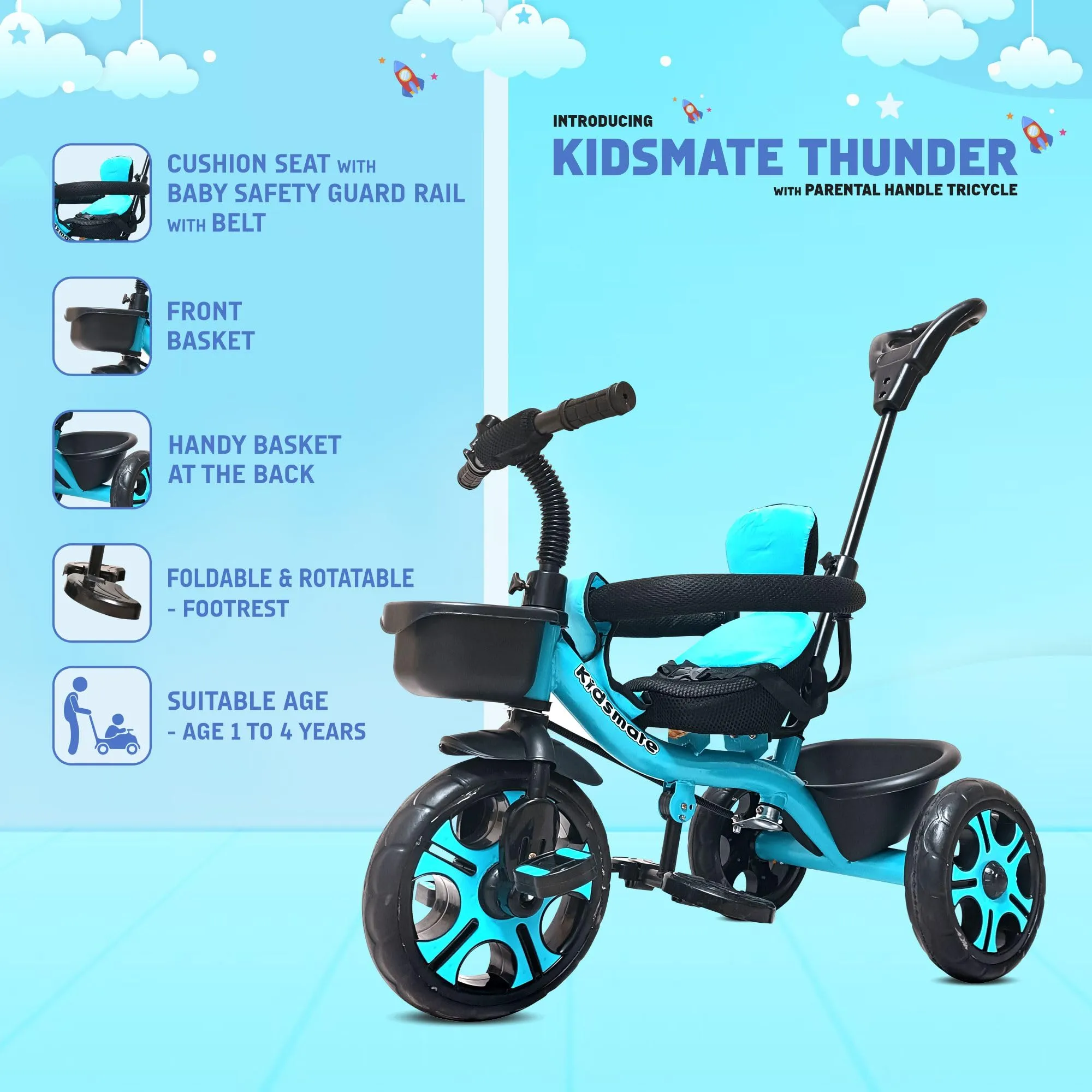 Kidsmate Thunder Plug N Play Kids/Baby Tricycle with Safety Guard Rail and Parental Control | Storage Basket | Fabric Cushion Seat & Bell for 12 Months to 48 Months Boys/Girls (Blue)