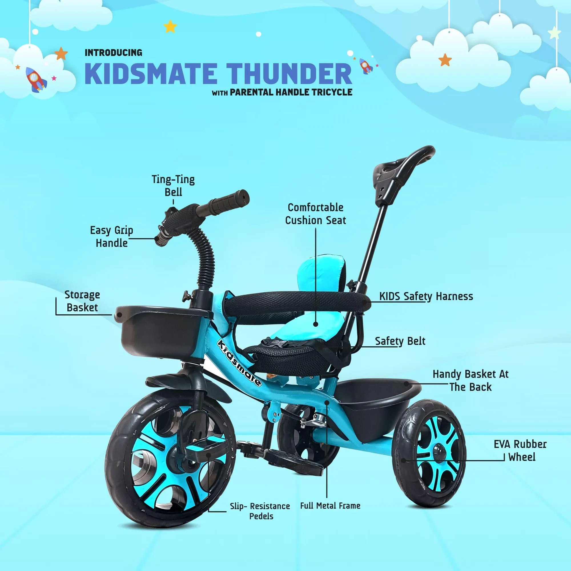 Kidsmate Thunder Plug N Play Kids/Baby Tricycle with Safety Guard Rail and Parental Control | Storage Basket | Fabric Cushion Seat & Bell for 12 Months to 48 Months Boys/Girls (Blue)