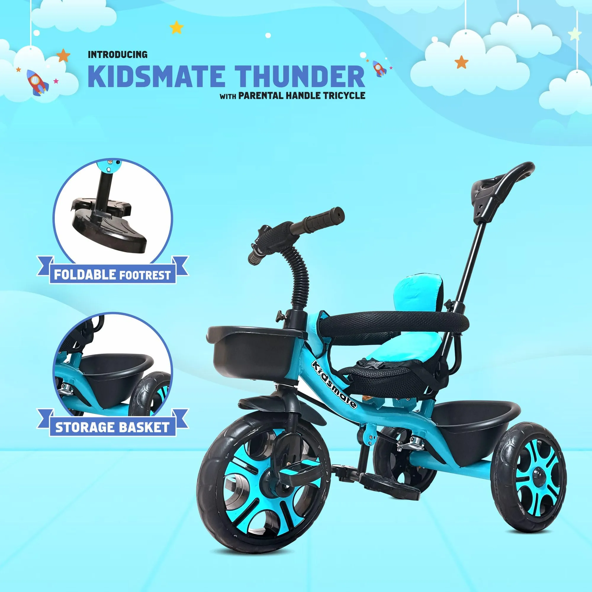 Kidsmate Thunder Plug N Play Kids/Baby Tricycle with Safety Guard Rail and Parental Control | Storage Basket | Fabric Cushion Seat & Bell for 12 Months to 48 Months Boys/Girls (Blue)