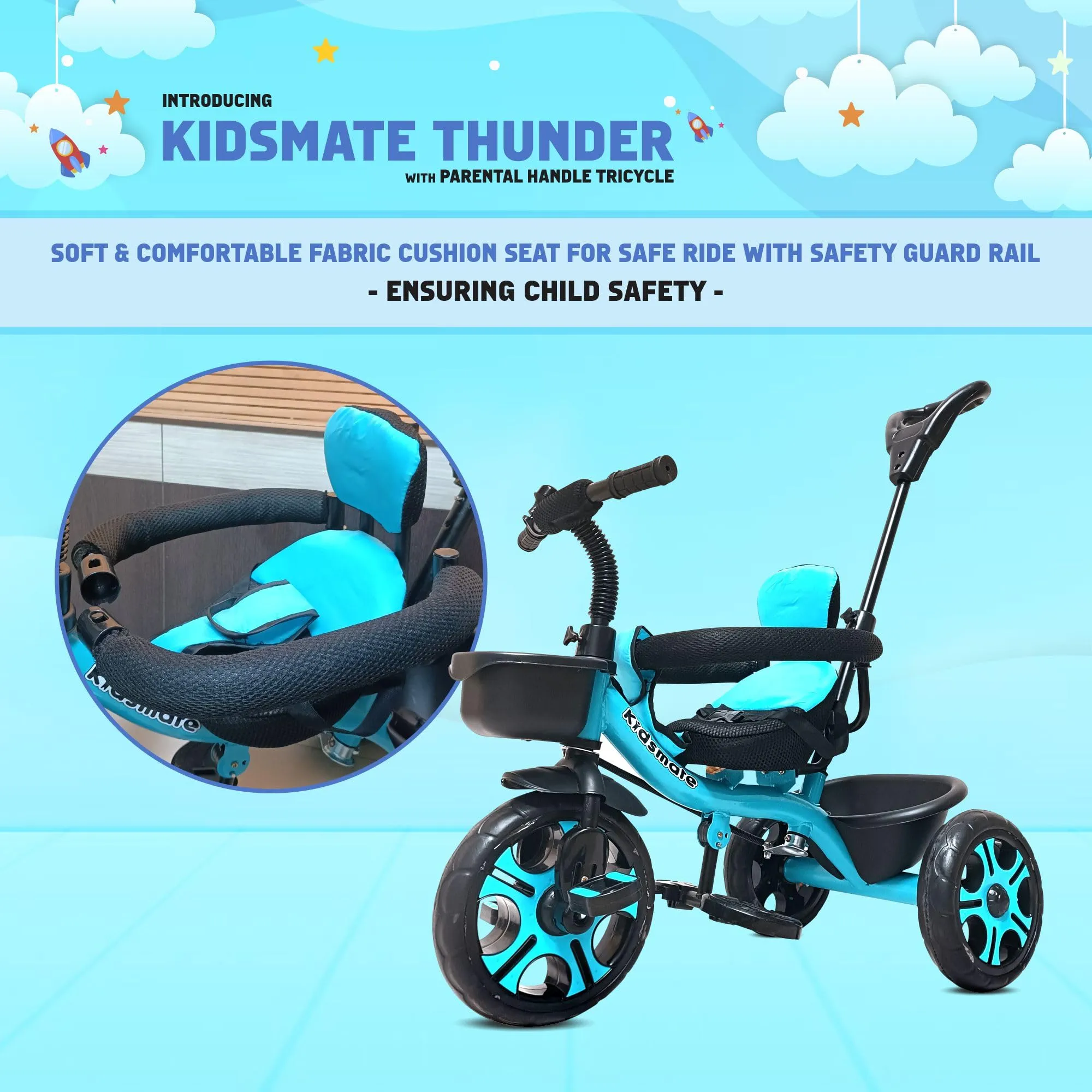 Kidsmate Thunder Plug N Play Kids/Baby Tricycle with Safety Guard Rail and Parental Control | Storage Basket | Fabric Cushion Seat & Bell for 12 Months to 48 Months Boys/Girls (Blue)