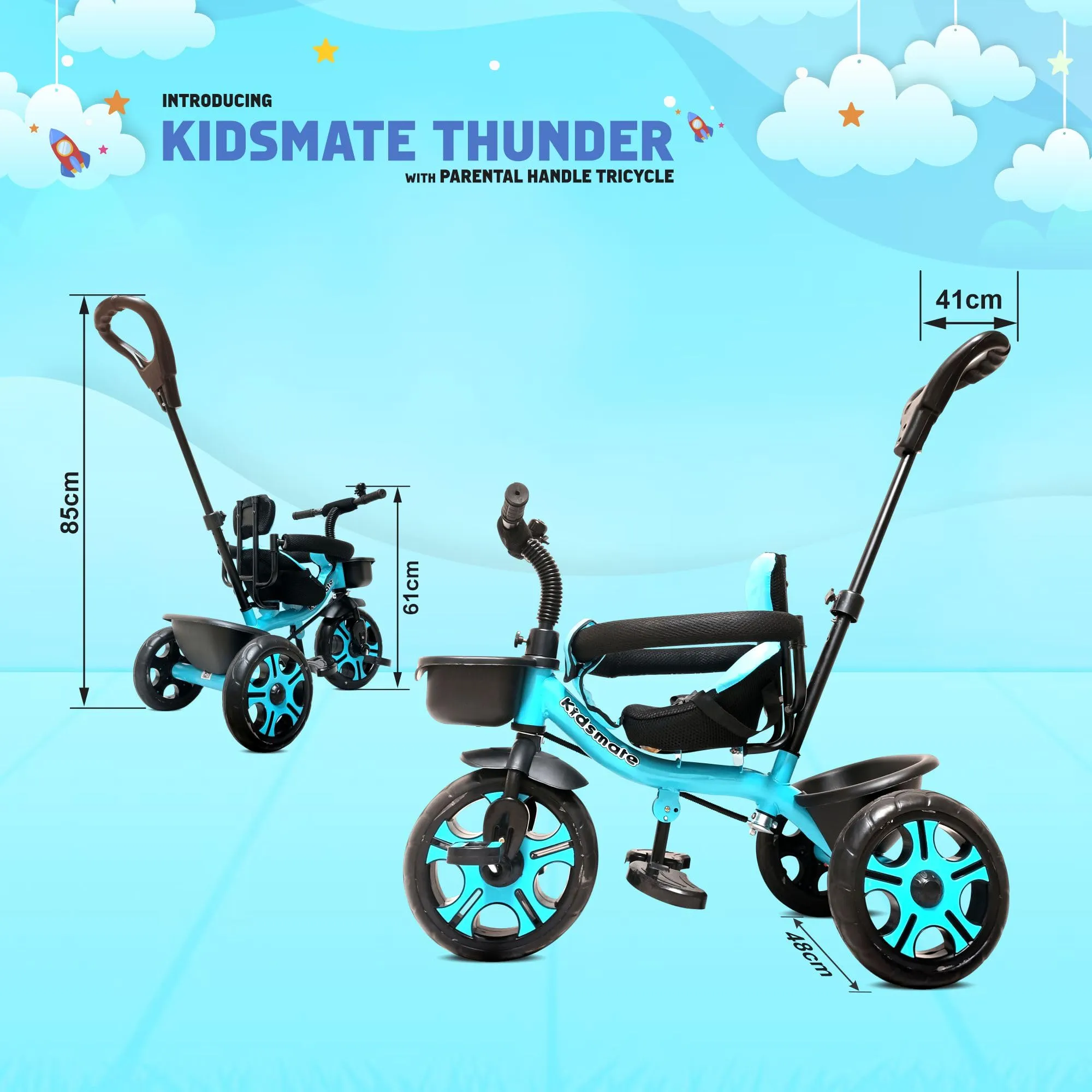 Kidsmate Thunder Plug N Play Kids/Baby Tricycle with Safety Guard Rail and Parental Control | Storage Basket | Fabric Cushion Seat & Bell for 12 Months to 48 Months Boys/Girls (Blue)