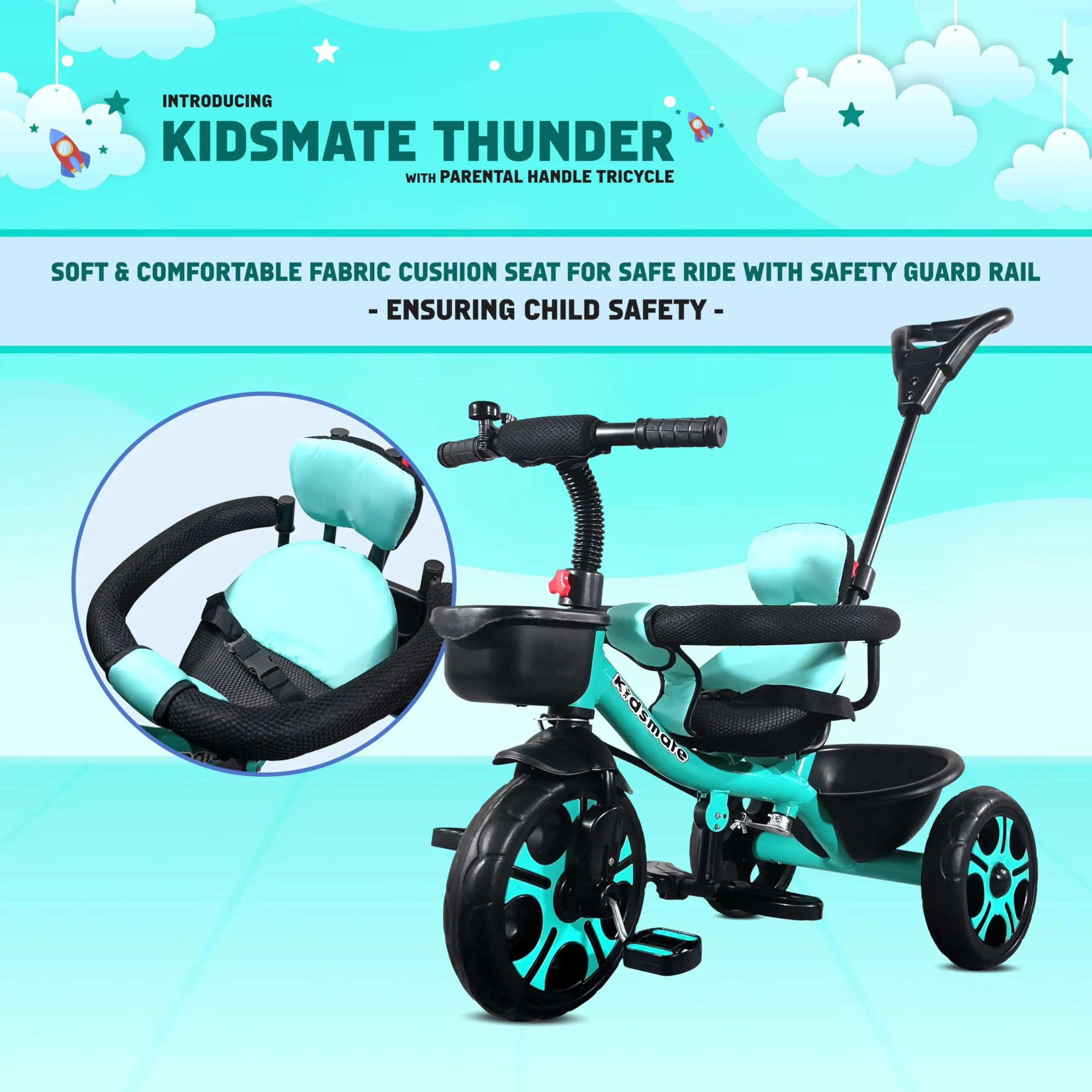 Kidsmate Thunder Plug N Play Kids/Baby Tricycle with Safety Guard Rail and Parental Control | Storage Basket | Fabric Cushion Seat & Bell for 12 Months to 48 Months Boys/Girls (Sea Green)