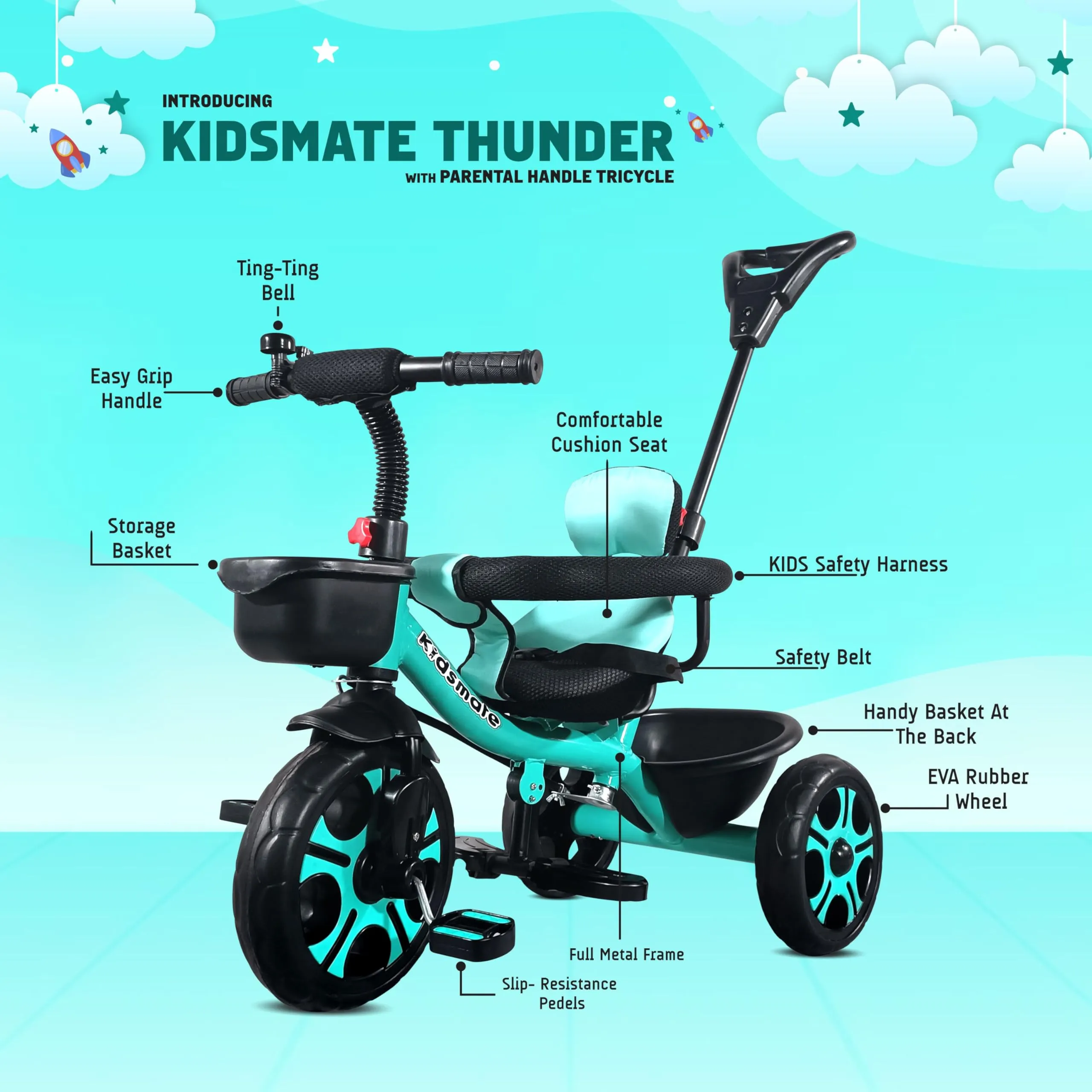 Kidsmate Thunder Plug N Play Kids/Baby Tricycle with Safety Guard Rail and Parental Control | Storage Basket | Fabric Cushion Seat & Bell for 12 Months to 48 Months Boys/Girls (Sea Green)