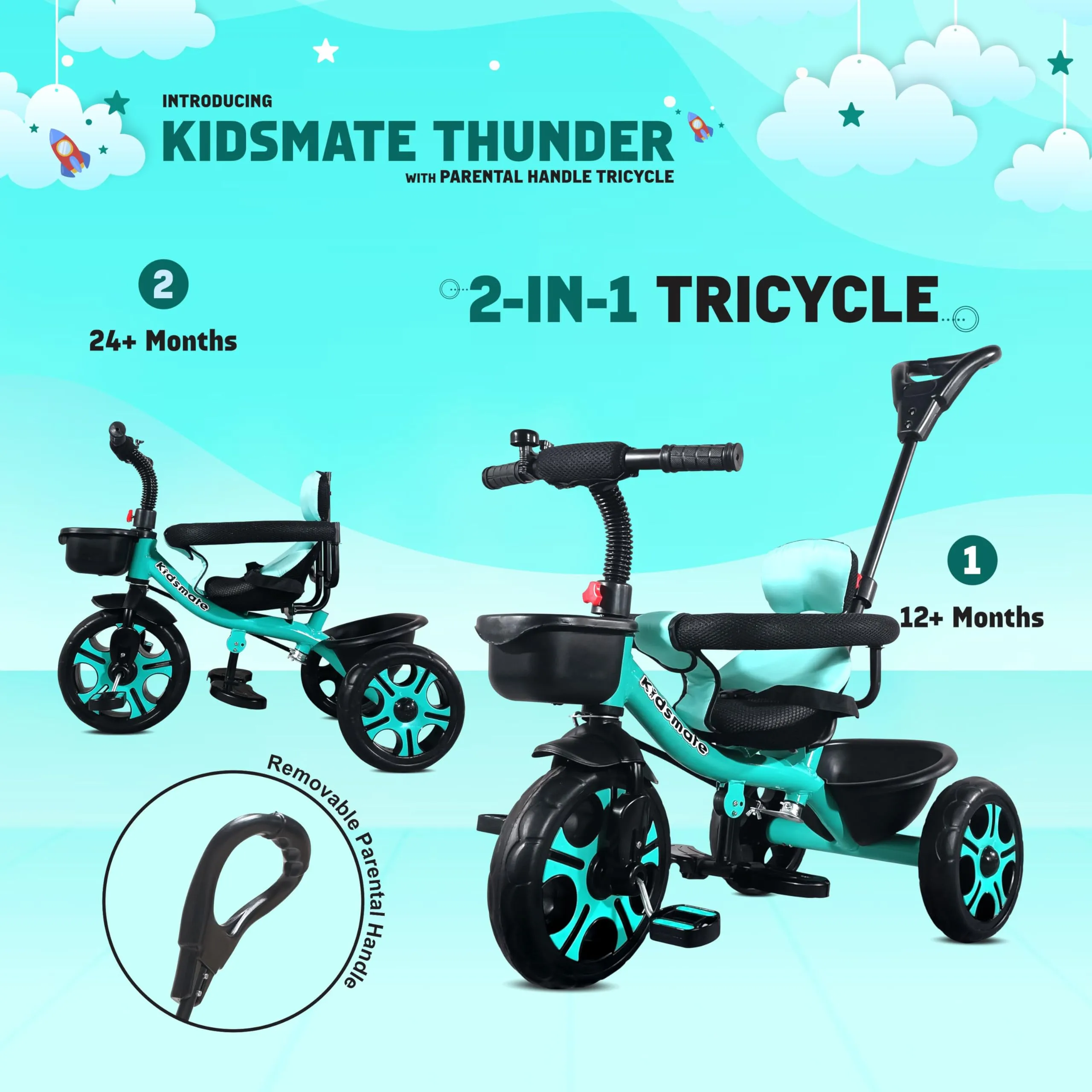 Kidsmate Thunder Plug N Play Kids/Baby Tricycle with Safety Guard Rail and Parental Control | Storage Basket | Fabric Cushion Seat & Bell for 12 Months to 48 Months Boys/Girls (Sea Green)