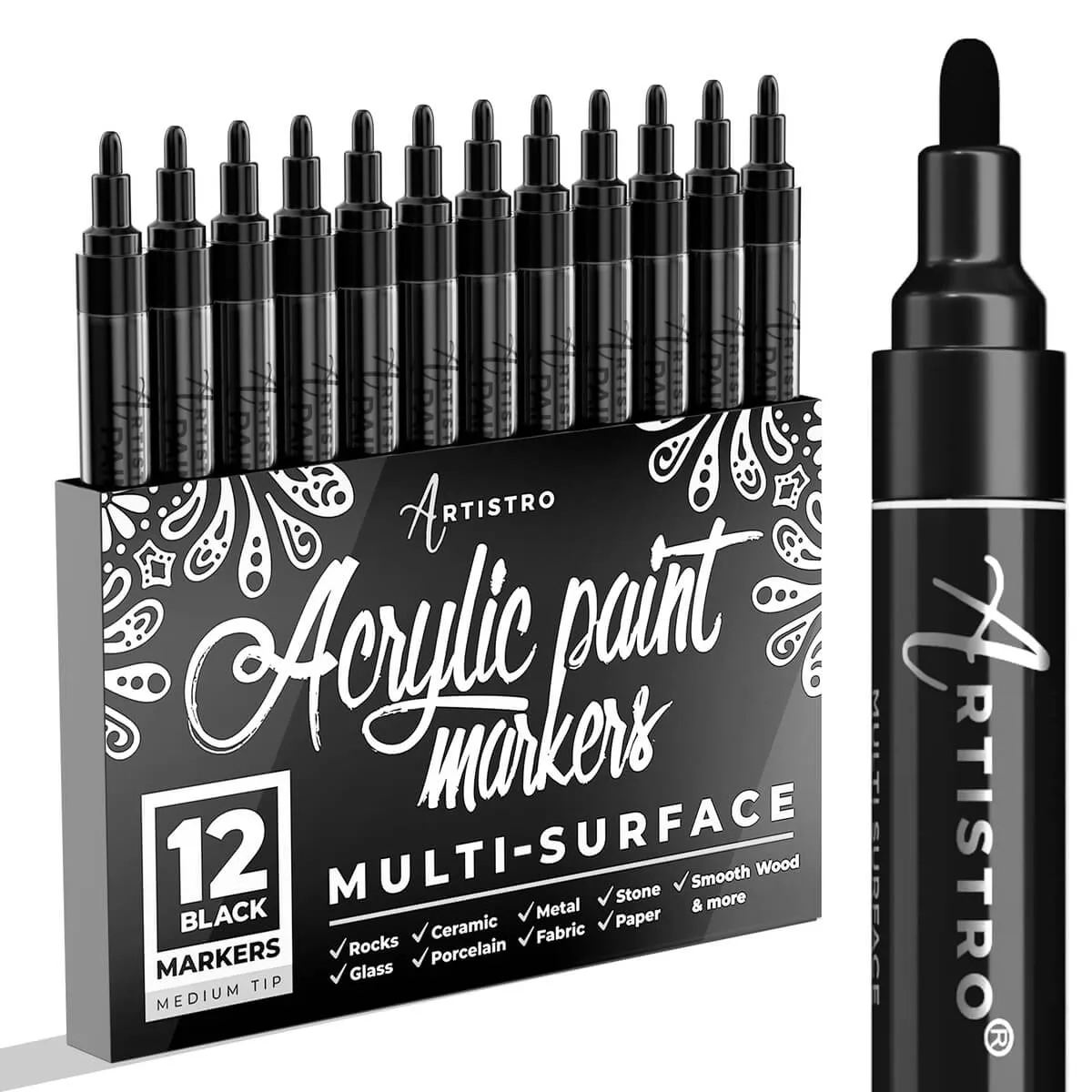 Medium Tip Acrylic paint markers black  - Set of 12 black paint markers