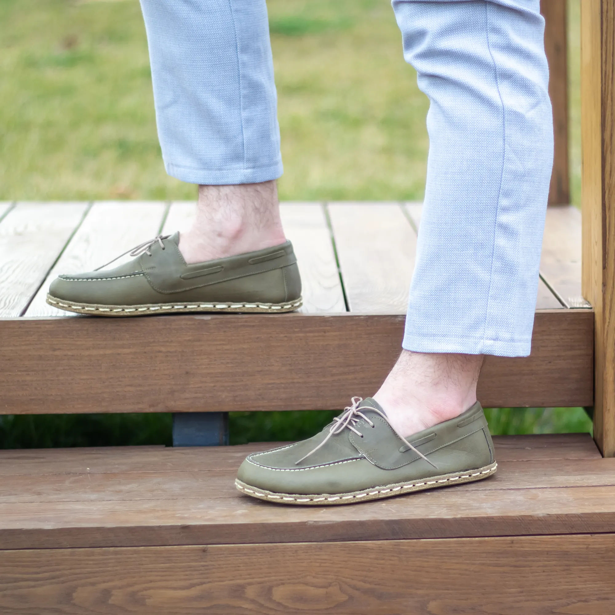 Military Green Men's Leather Earthing Barefoot Shoes