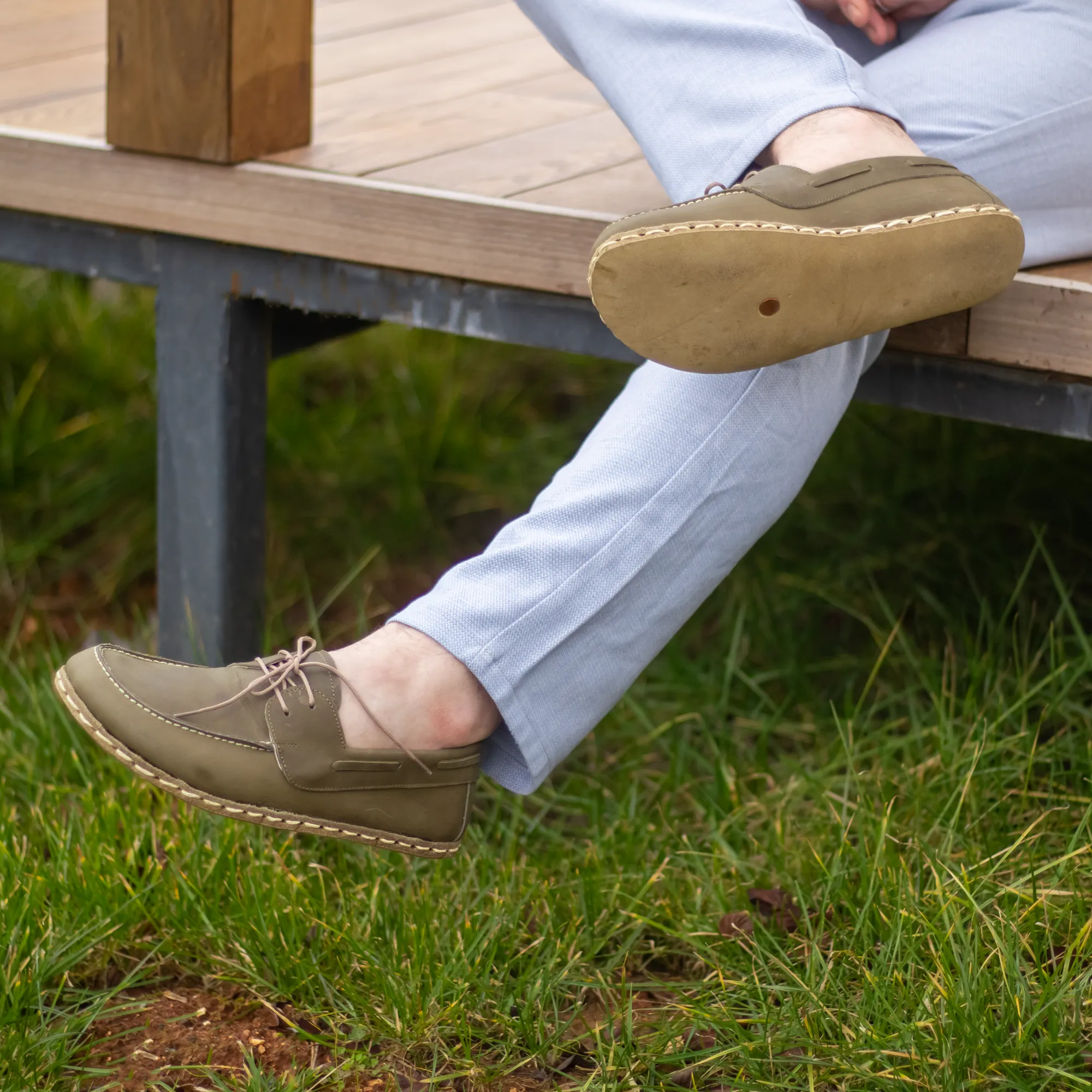 Military Green Men's Leather Earthing Barefoot Shoes