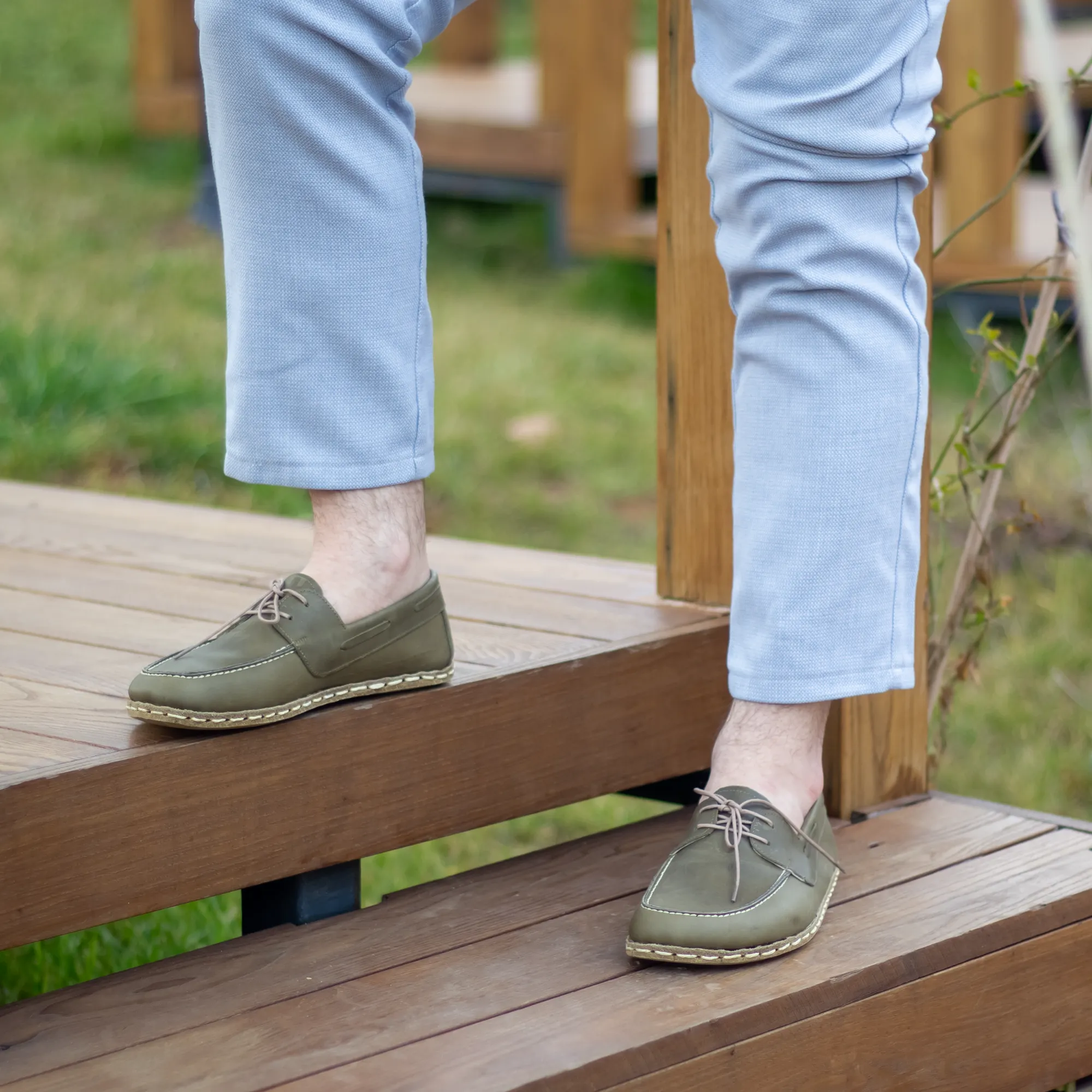 Military Green Men's Leather Earthing Barefoot Shoes