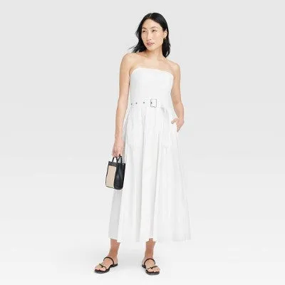 New - A New Day Women's Midi Bandeau Dress Belted Removable Straps