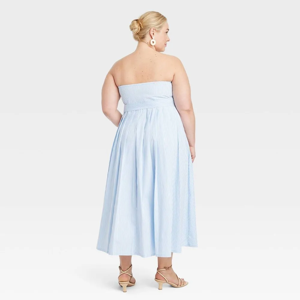 NEW - Women's Belted Midi Bandeau Dress - A New DayBlue/White Striped 26