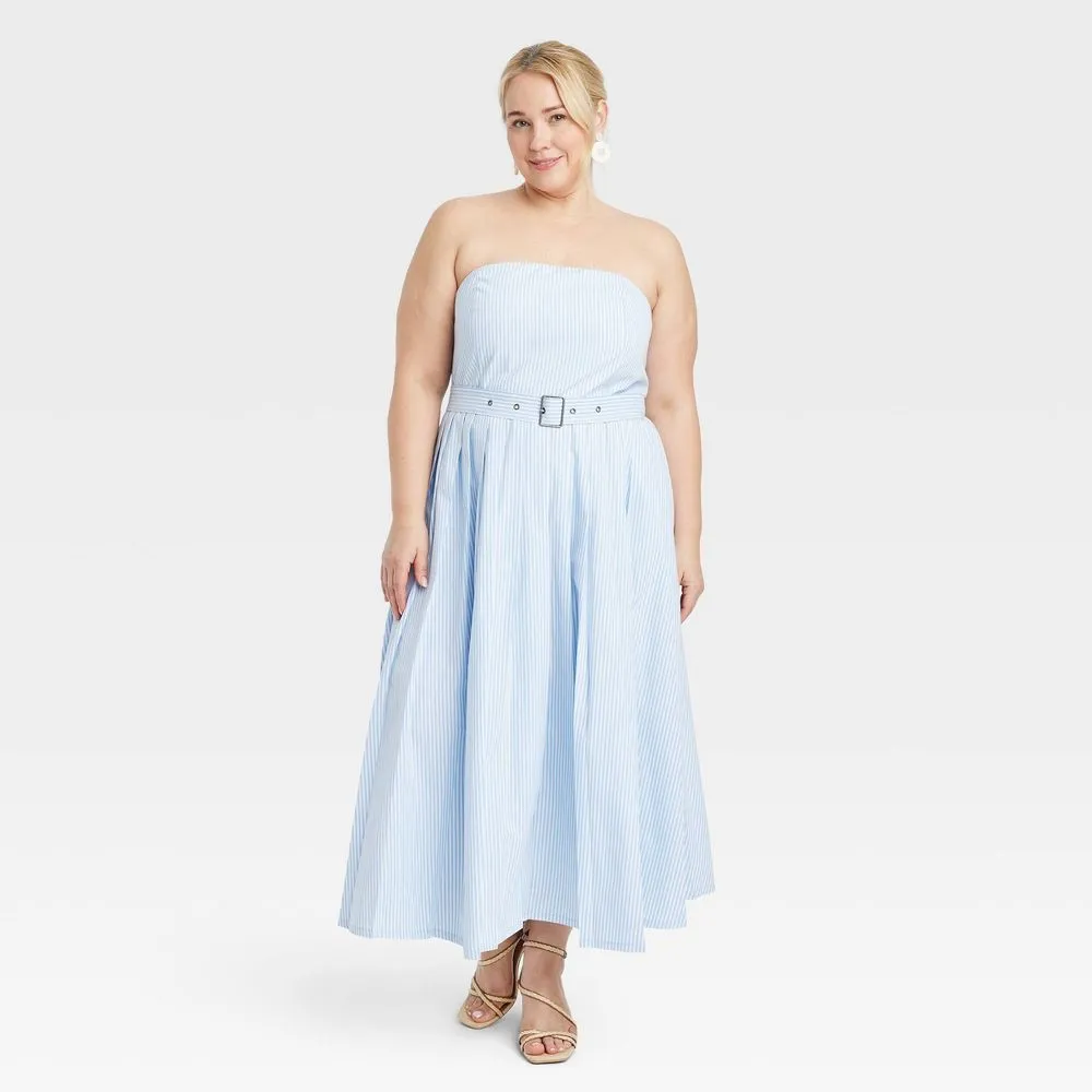 NEW - Women's Belted Midi Bandeau Dress - A New DayBlue/White Striped 26