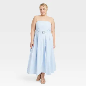 NEW - Women's Belted Midi Bandeau Dress - A New DayBlue/White Striped 26