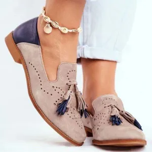 OCW Breathable Suede Women Loafers Tassel Round Toe Leather Lazy Shoes