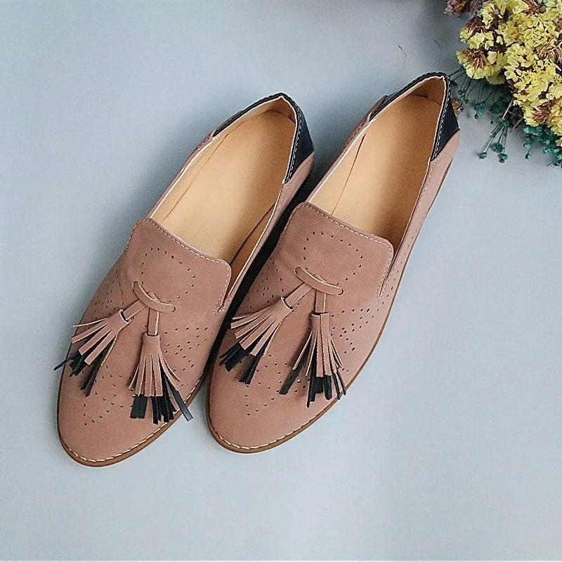 OCW Breathable Suede Women Loafers Tassel Round Toe Leather Lazy Shoes