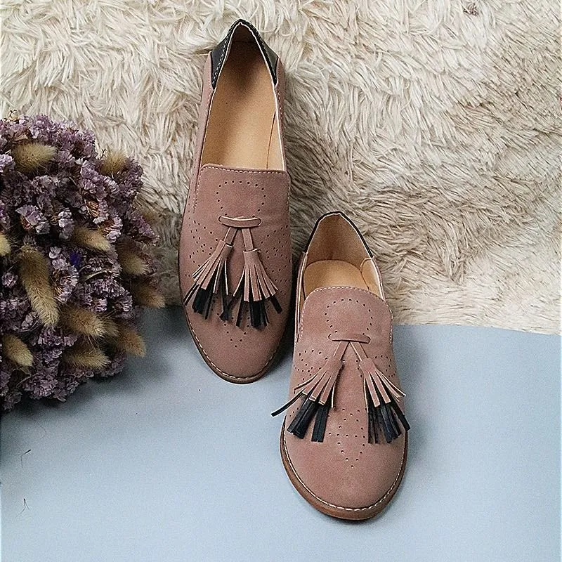 OCW Breathable Suede Women Loafers Tassel Round Toe Leather Lazy Shoes