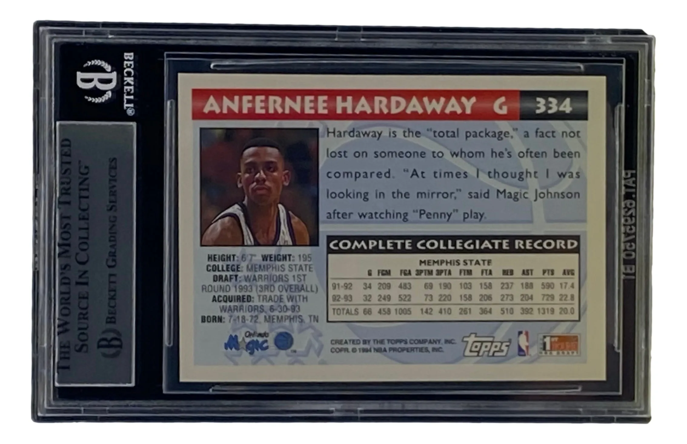 Penny Hardaway Signed Slabbed Orlando Magic 1993-94 Topps #334 BAS