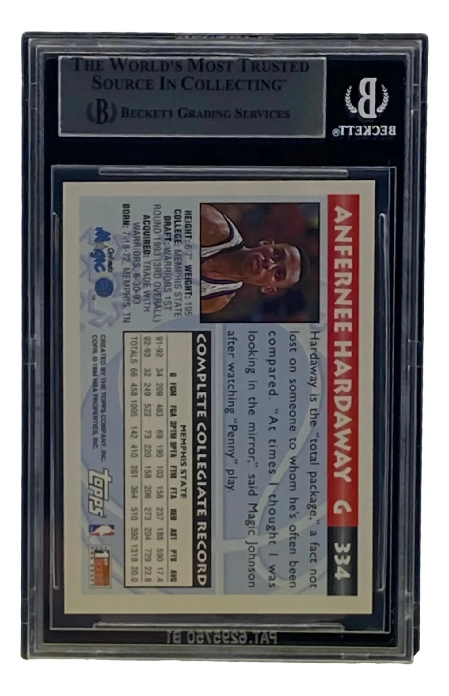 Penny Hardaway Signed Slabbed Orlando Magic 1993-94 Topps #334 BAS