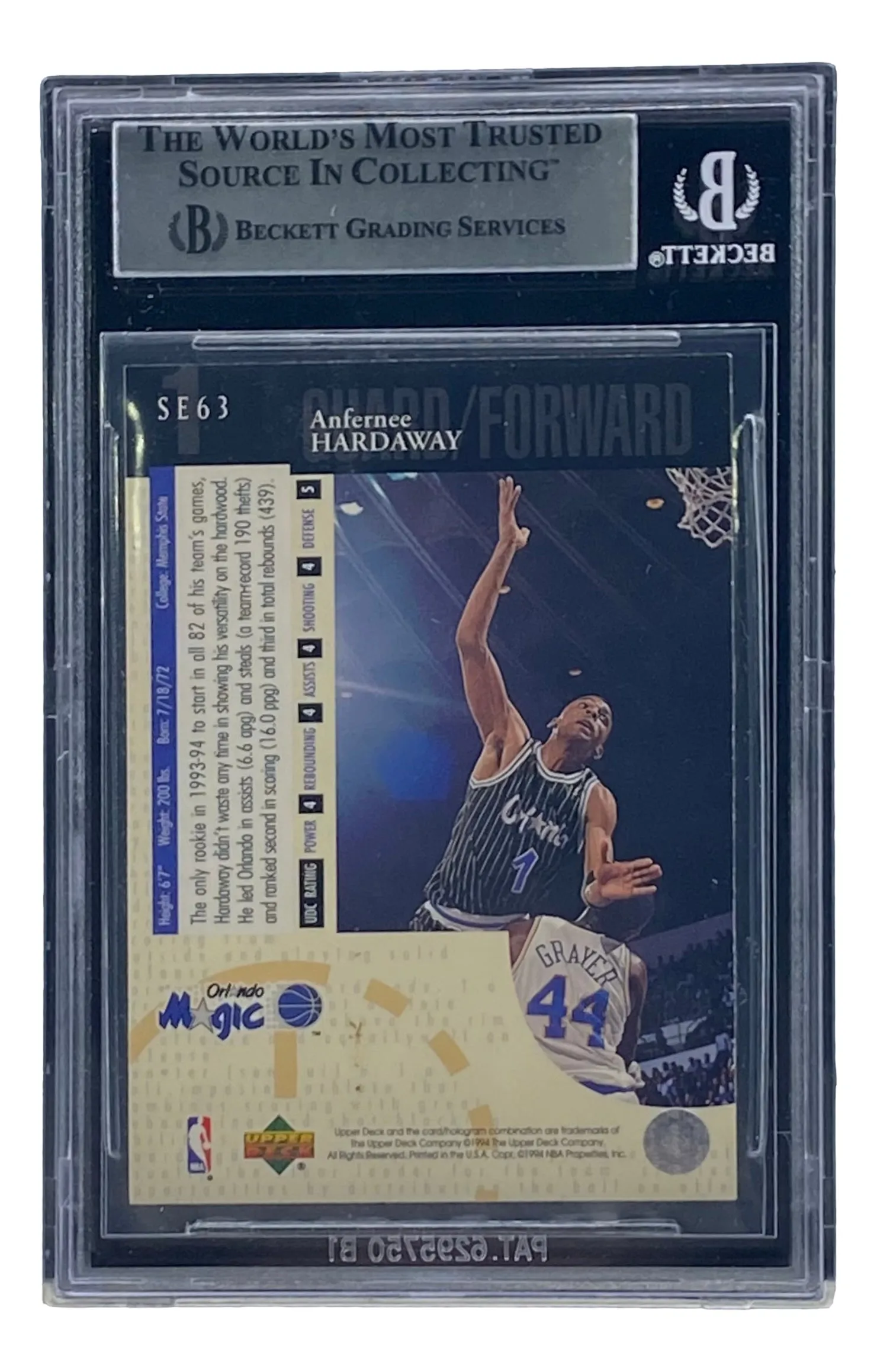 Penny Hardaway Signed Slabbed Orlando Magic 1994-95 Upper Deck SE #63 BAS