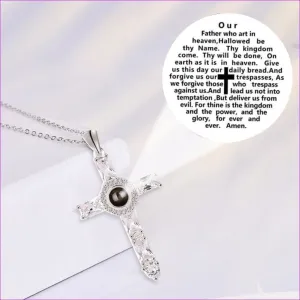 Prayer Engraved Crystal Cross Projection Pendant Necklace