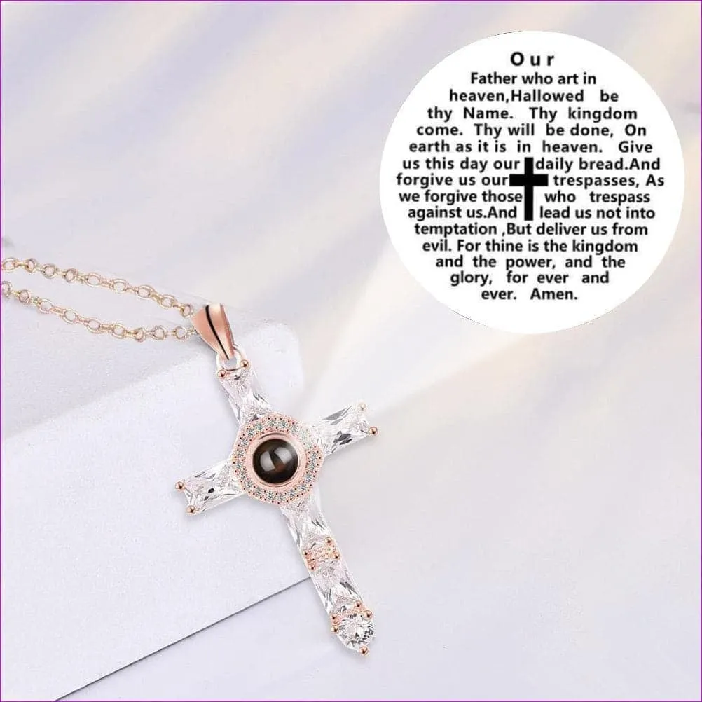 Prayer Engraved Crystal Cross Projection Pendant Necklace