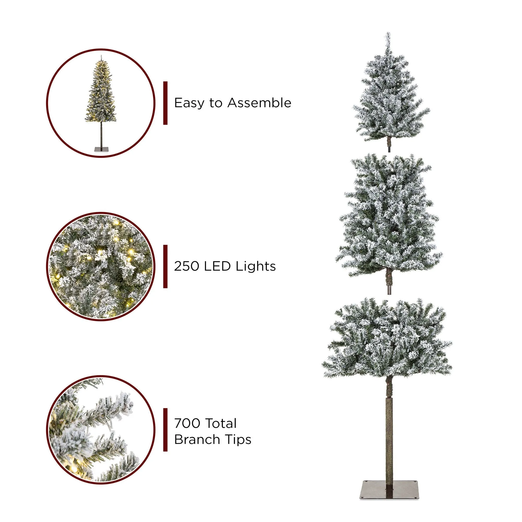 Pre-Lit Snow Flocked Alpine Slim Pencil Christmas Tree w/ LED Lights, Stand