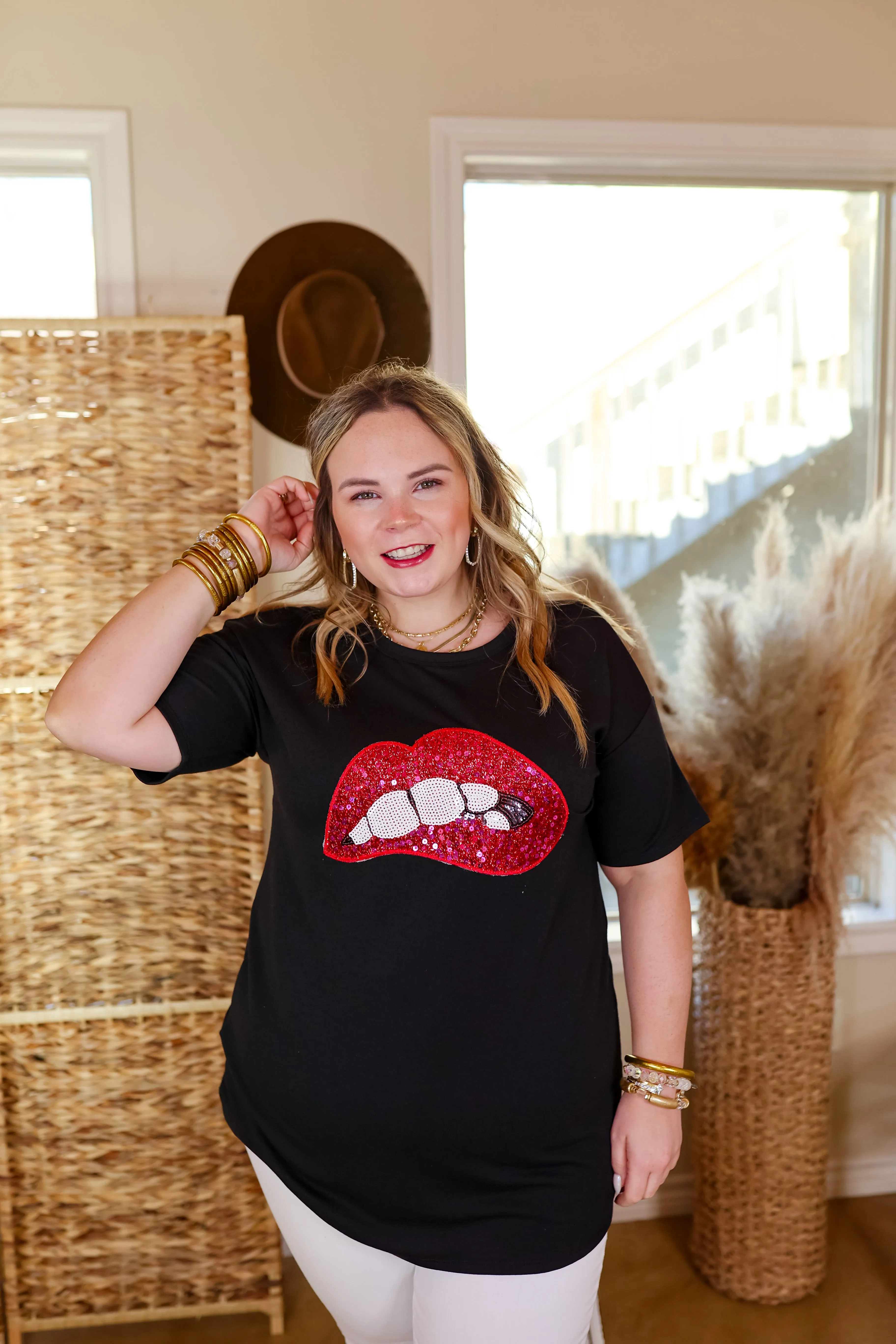 Rock All Night Sequin Mouth Graphic Tee in Black