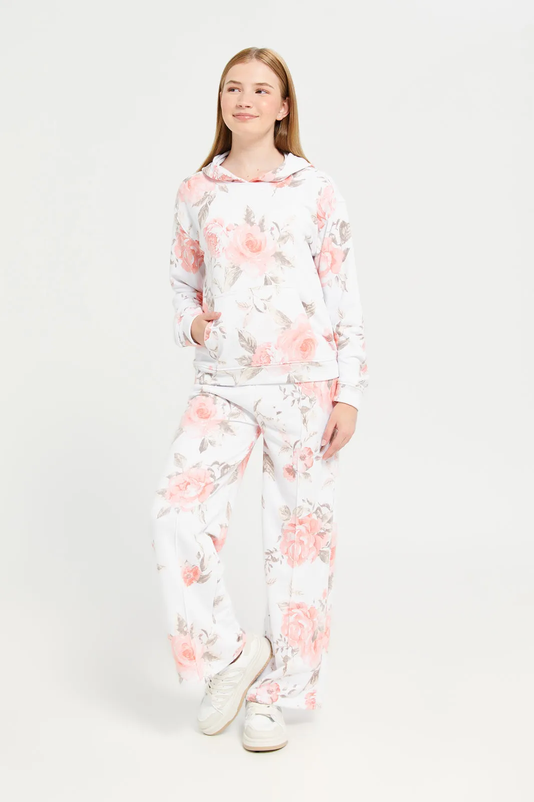 Senior Girls White Floral Print Active Pants